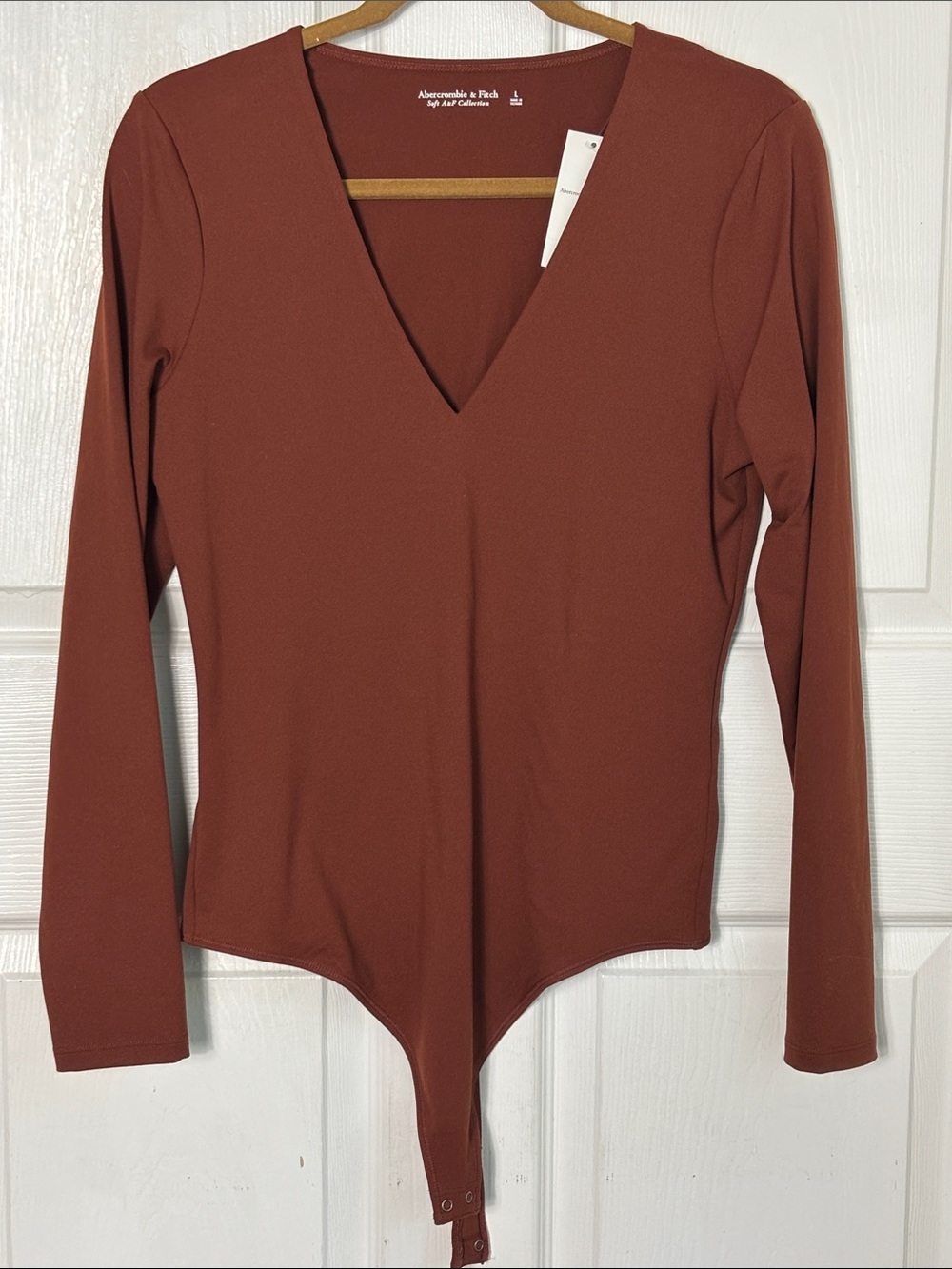 NEW Abercrombie & Fitch Brown Rusty Long-Sleeve V-Neck Bodysuit SZ Large SOFT AF